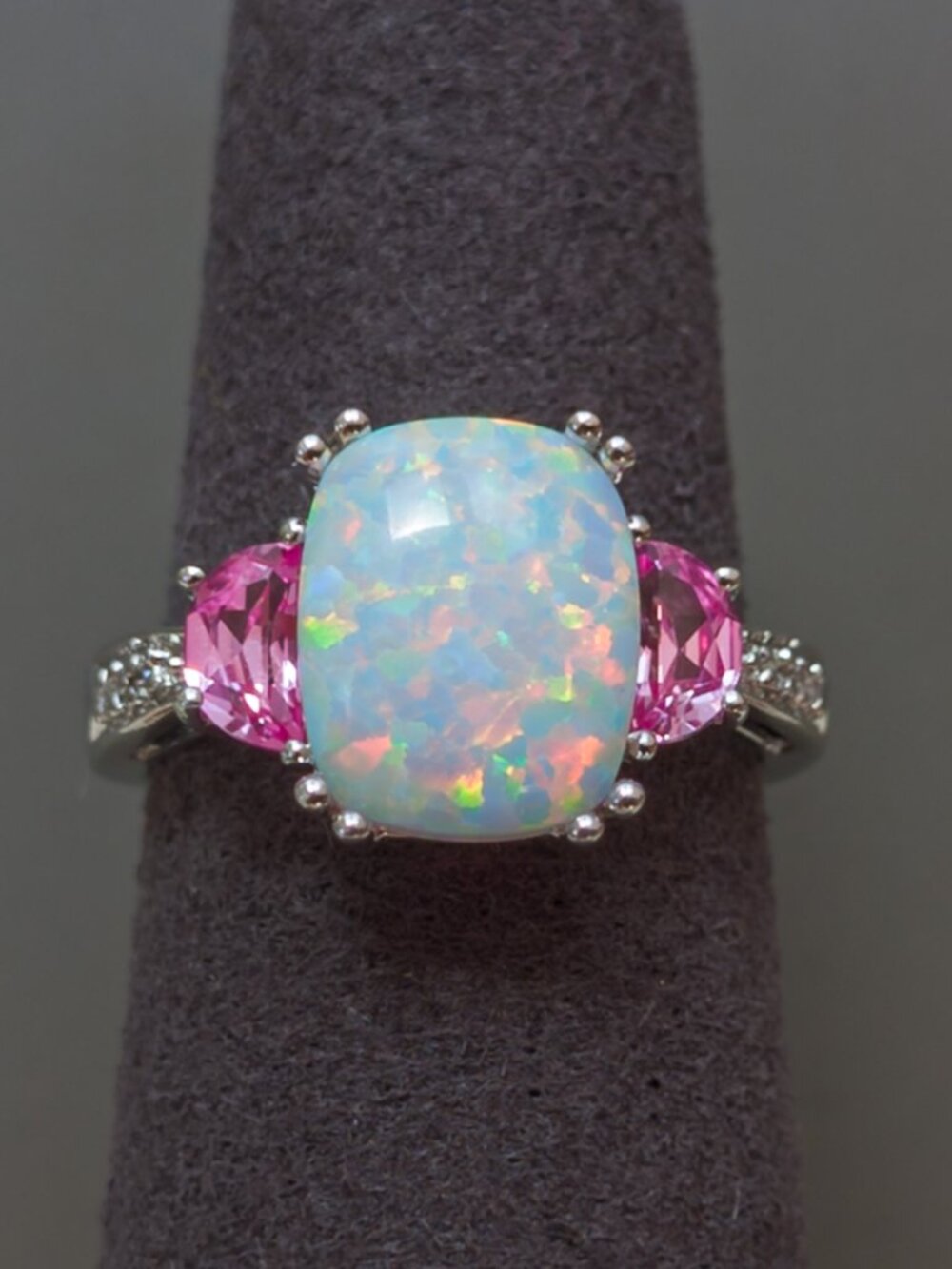 10k White Gold Opal & Pink Sapphire Trio Ring — 10×8 mm, Size 5
